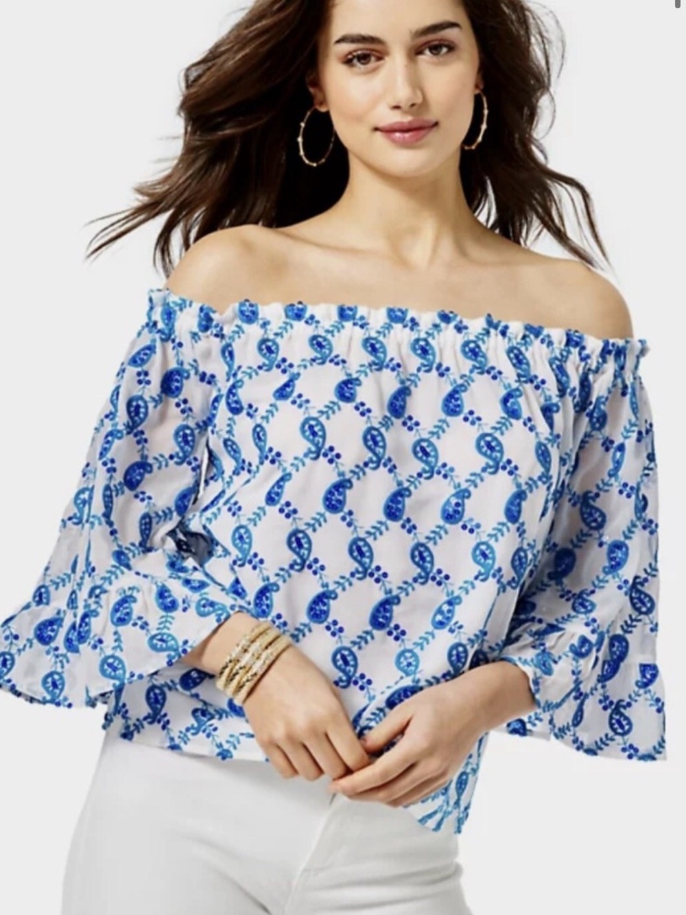 Alva Off-Shoulder Blue Paisley Print Women’s Top